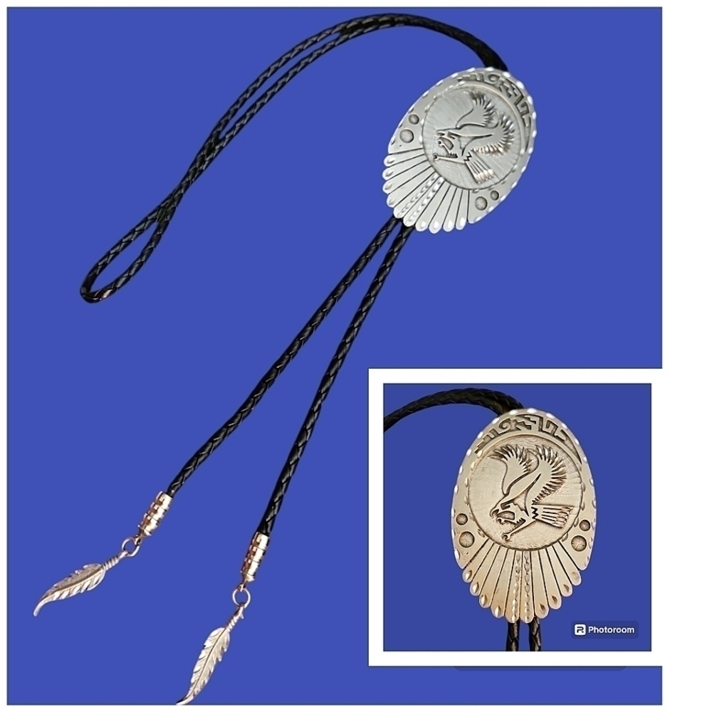 Vintage Braided Leather Western Pewter Eagle Bolo Lariat Tie